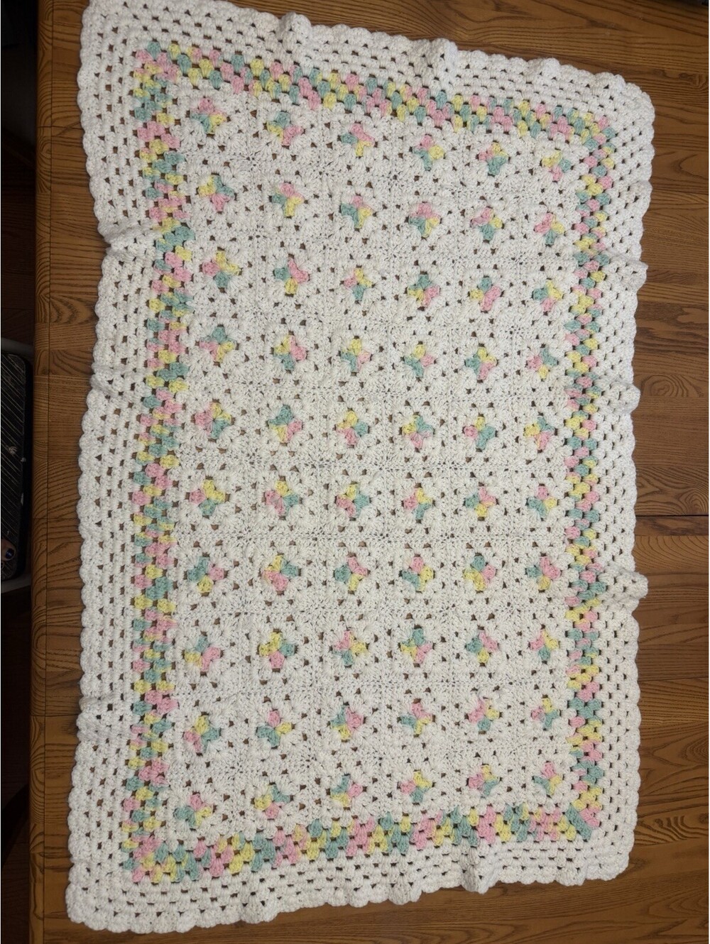 Handmade Crochet Baby Afghan Throw Blanket Pastel Squares 32x49